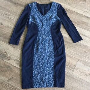 RENA LANGE mixed media tweed pencil bodycon midi dress. Size 8US Career designer